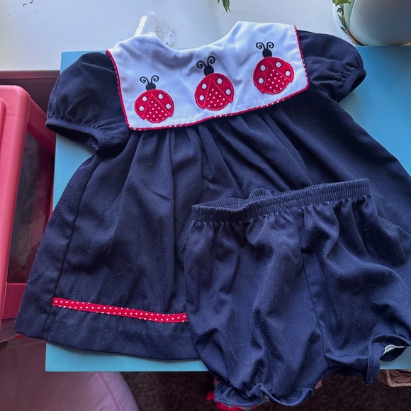 COPY - Vintage Bonnie Baby navy blue dress with ladybug embroidery - Picture 1 of 2